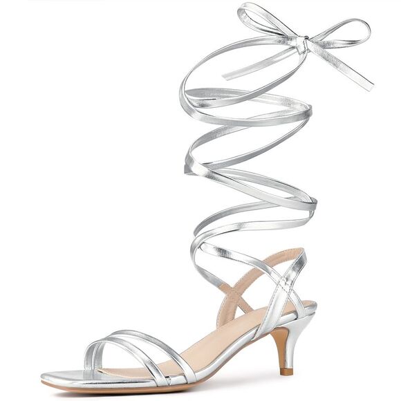 Strappy Lace Up Slingback Kitten Heel Sandals Silver - Picture 1 of 6